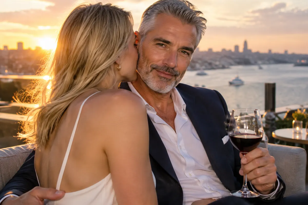 Illustrative image: a silver-haired man with red wine at a rooftop bar at dusk, a young woman leaning towards him in the foreground