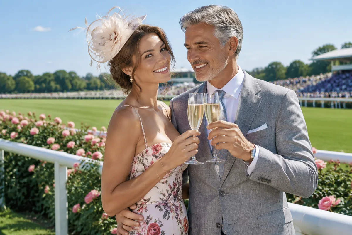 Illustrative image: a young woman in a fascinator toasting a silver-haired man with champagne at the spring races