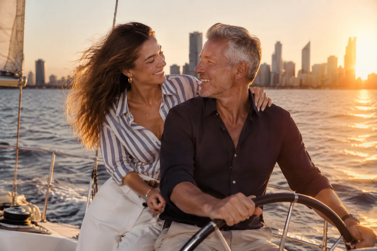 Illustrative image: a couple laughing on a sailing boat on the Swan River at sunset, Perth's skyline behind