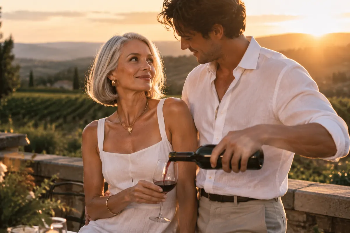 Illustrative image: an elegant woman in her fifties watching a younger man pour her red wine on a vineyard terrace
