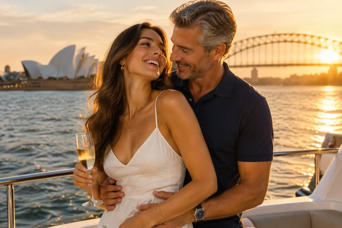 Illustrative image: a couple laughing on a yacht on Sydney Harbour at sunset, the Opera House and Harbour Bridge behind